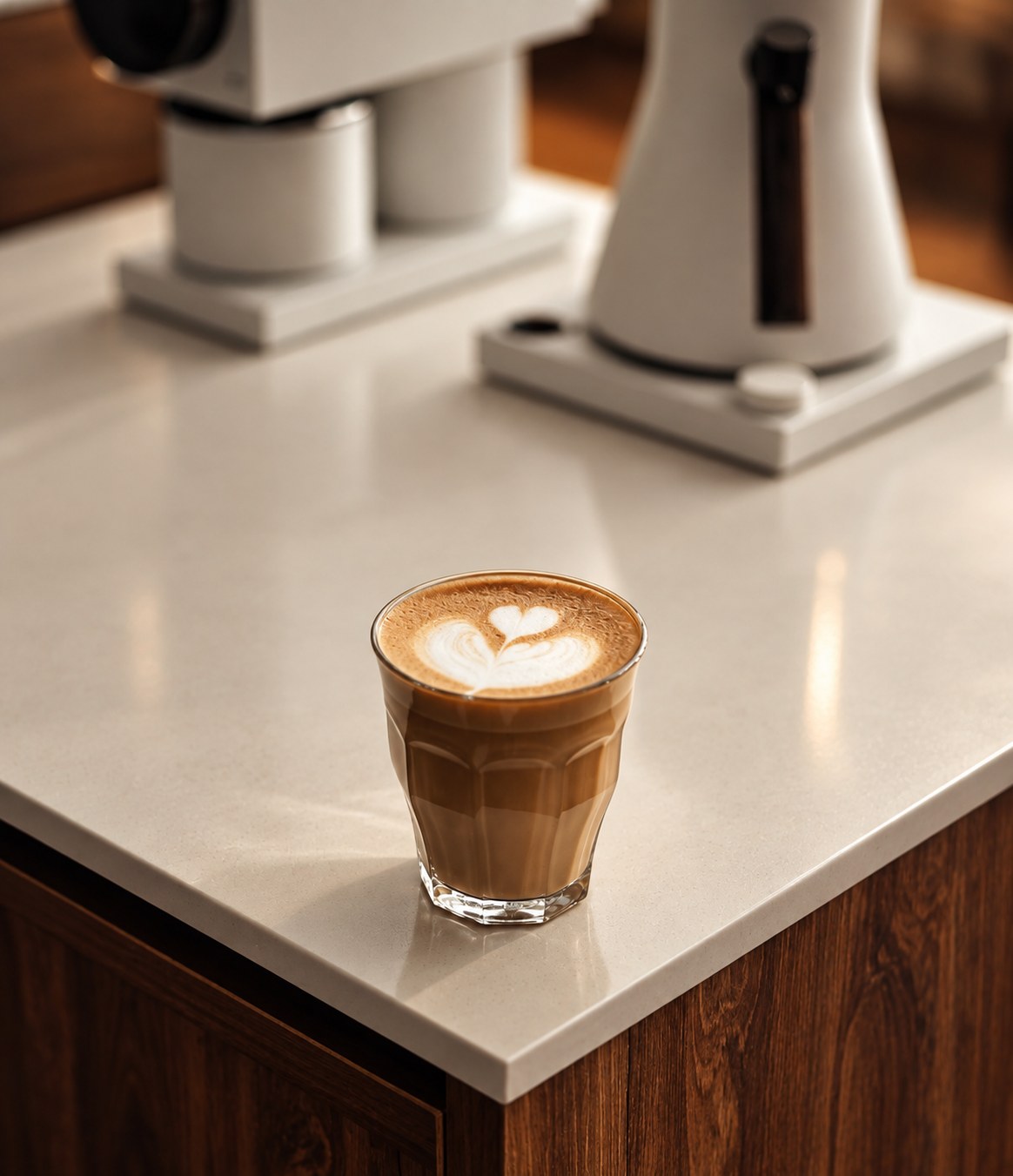 A cortado with latte art on a stone counter, grinders behind