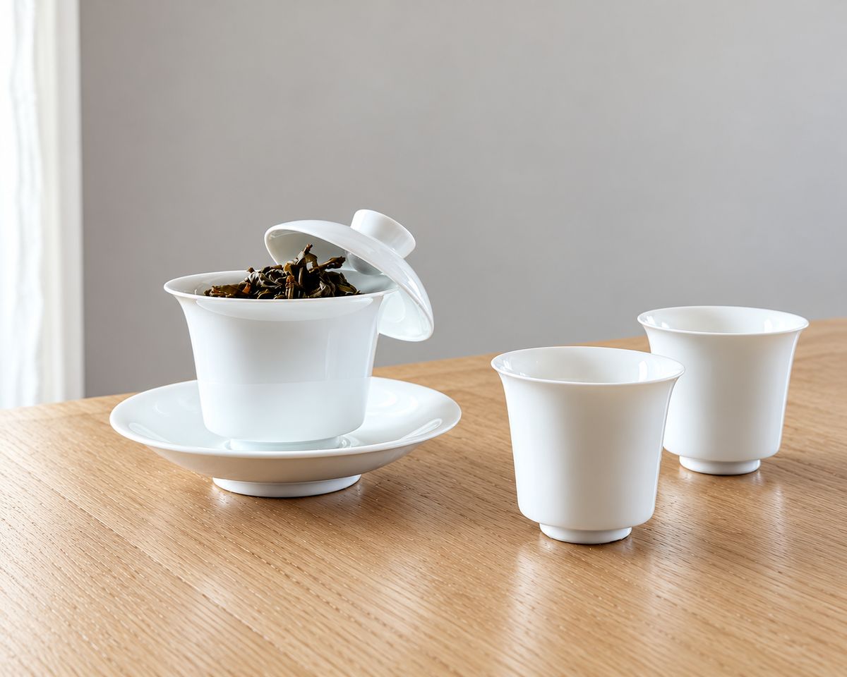 A white porcelain gaiwan of oolong with two tea cups on a wooden table