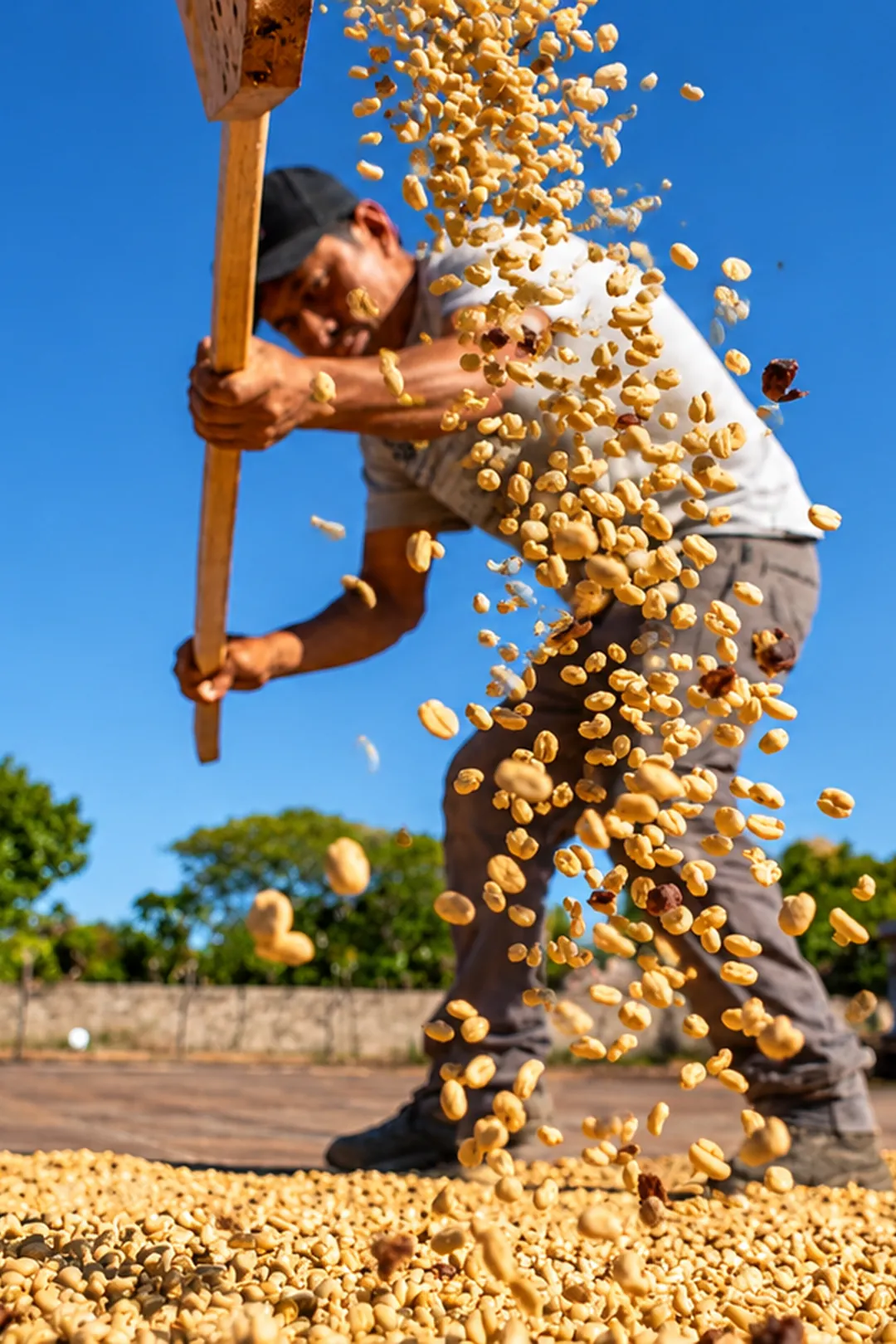 A worker turns green coffee drying on a patio, beans flying from his rake