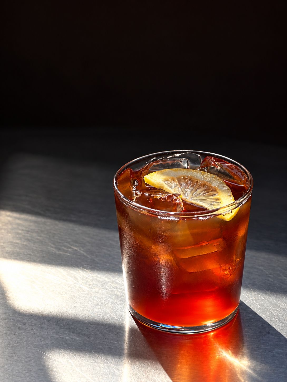 An iced coffee with a slice of lemon in a glass, lit by low sun on a steel counter