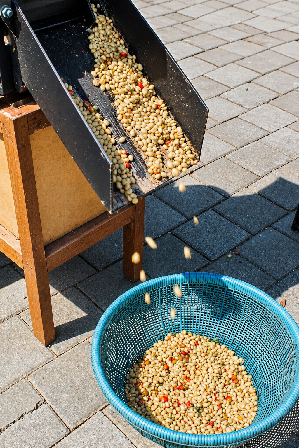 Freshly pulped coffee beans pouring from a pulper chute into a basket